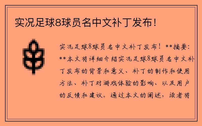 实况足球8球员名中文补丁发布！