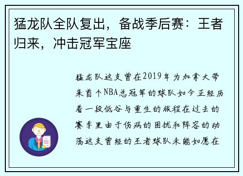 猛龙队全队复出，备战季后赛：王者归来，冲击冠军宝座