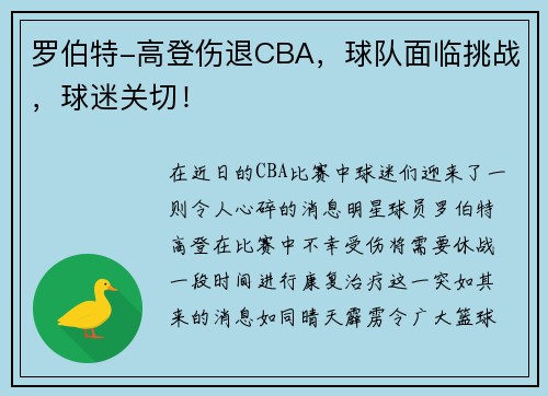 罗伯特-高登伤退CBA，球队面临挑战，球迷关切！